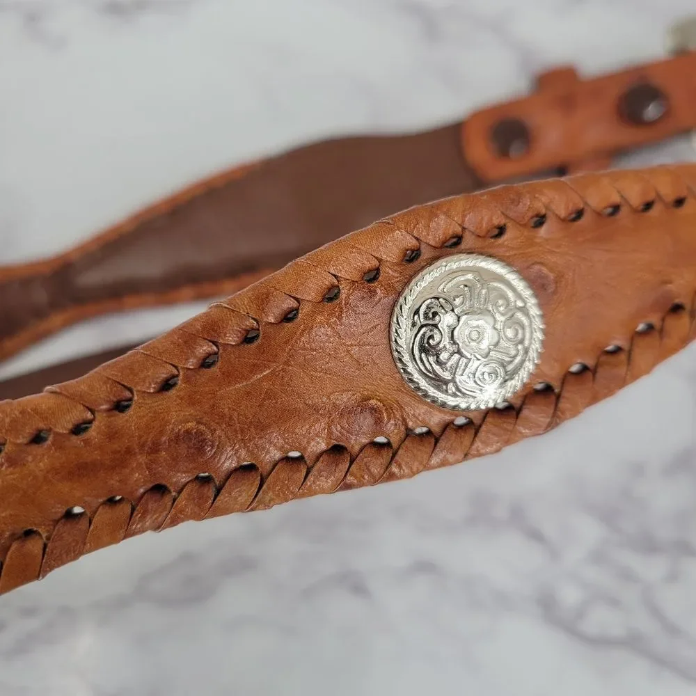Brown Faux Ostrich Concho Belt with Silver Toned Buckle
